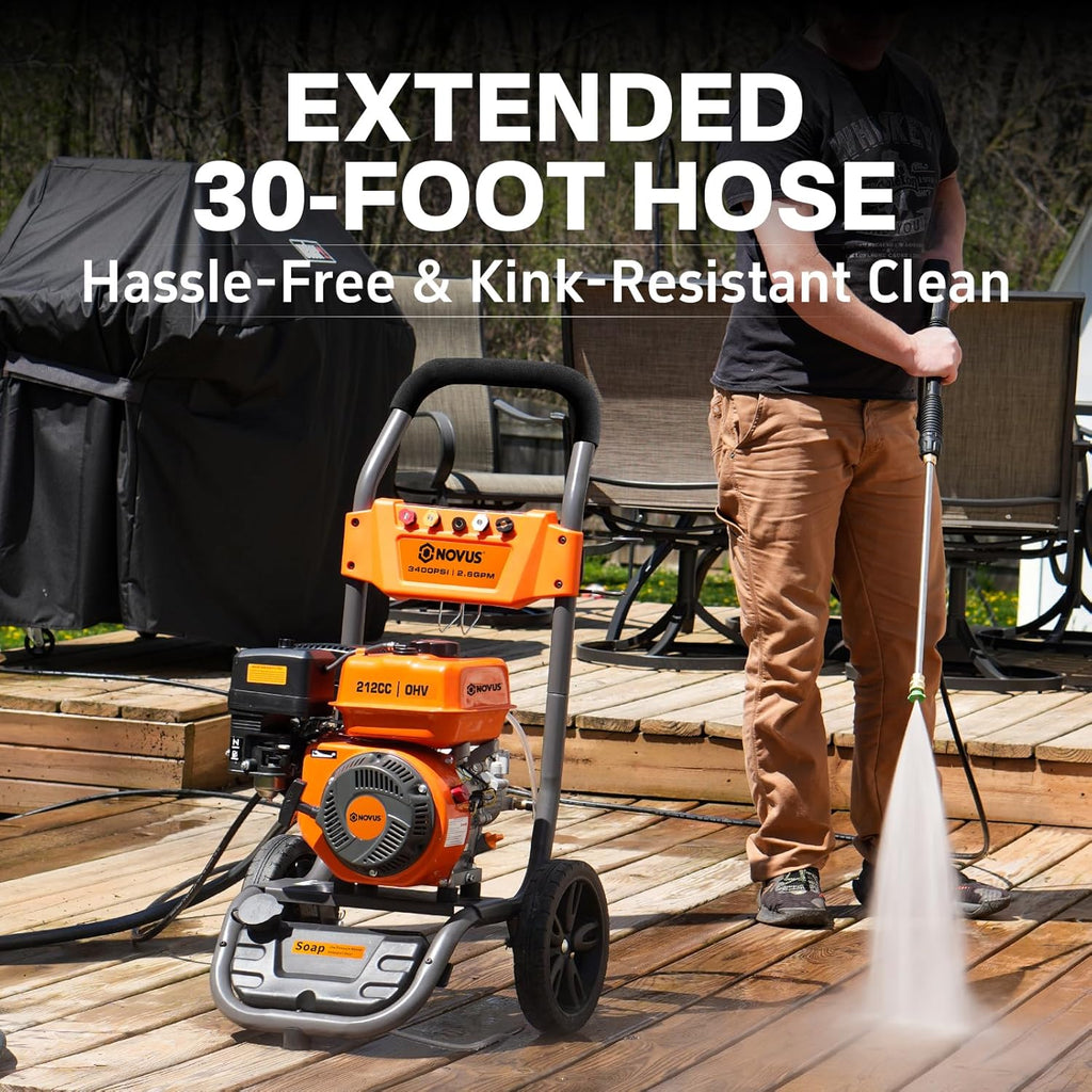 NOVUS Gas Pressure Washer 3400 PSI 2.6 GPM 212cc Engine 30ft Hose 5 Nozzles