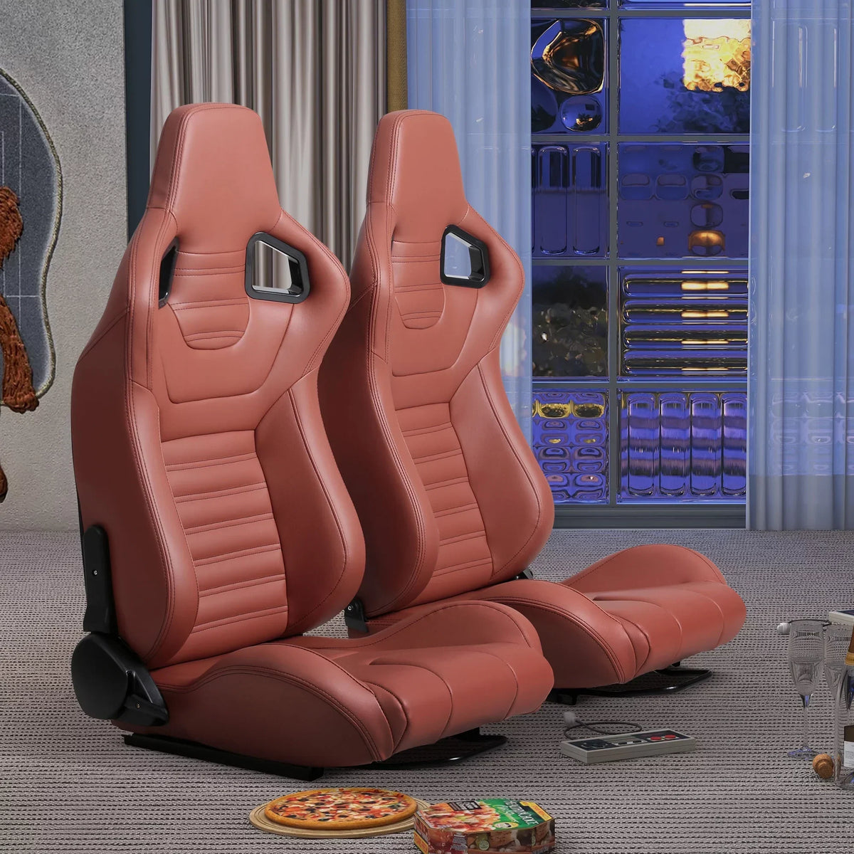 2-Piece Ergonomic PVC Racing Simulator Seats With Adjustable Double Slide Rails, Black/Brick Red - 313 lbs Per Seat