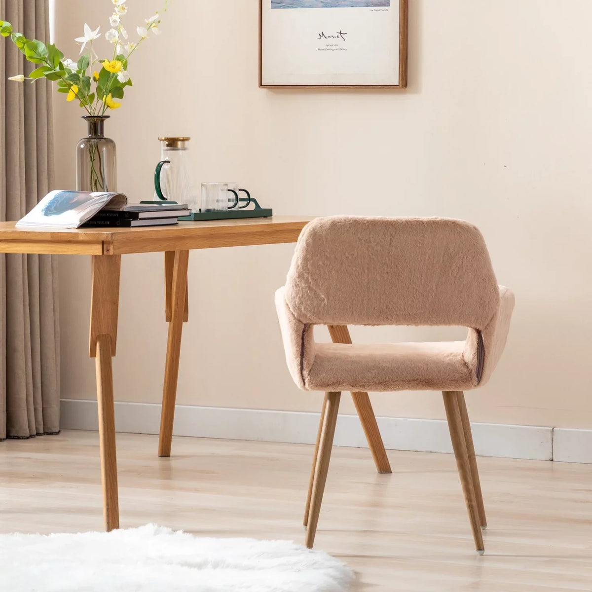HengMing Faux Fur Mid Century Dining Side Chairs With Painted Steel Legs