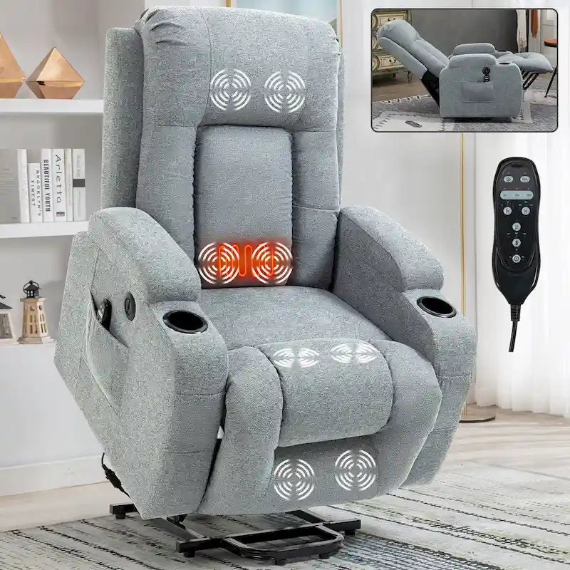Lazy Boy Power Lift Recliner Chair With Massage, Lumbar Heating, USB Port And Cup Holders - Single Motor