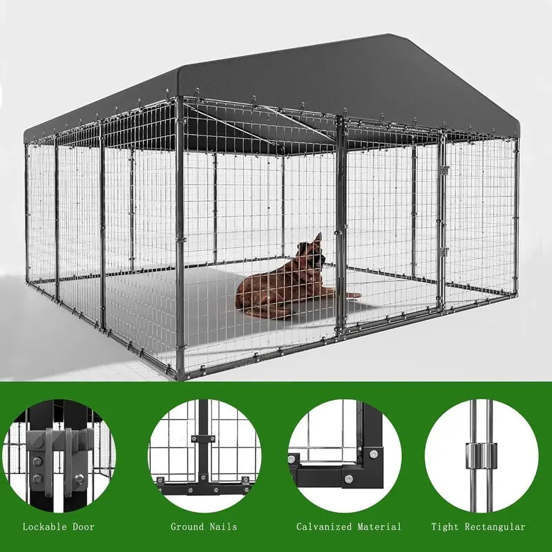 Kullavik Extra-Large Outdoor Dog Kennel, 118 in x 118 in, Heavy-Duty Metal/Steel Enclosure With Waterproof Roof - Black