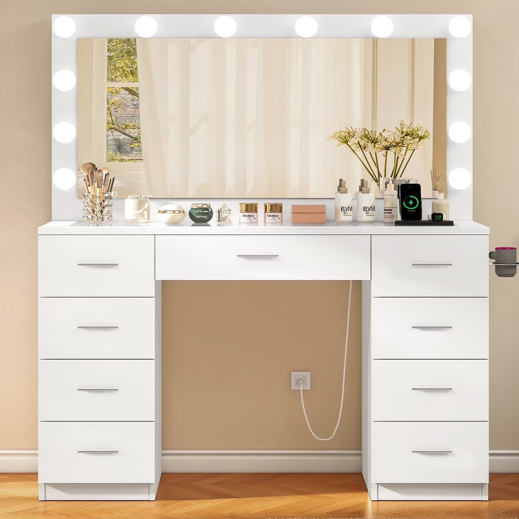 TEENFON Vanity Desk With Large Lighted Mirror, 46 in, 9 Drawers, Glass Desktop, White
