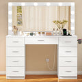 TEENFON Vanity Desk With Large Lighted Mirror, 46 in, 9 Drawers, Glass Desktop, White