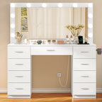 TEENFON Vanity Desk With Large Lighted Mirror, 46 in, 9 Drawers, Glass Desktop, White