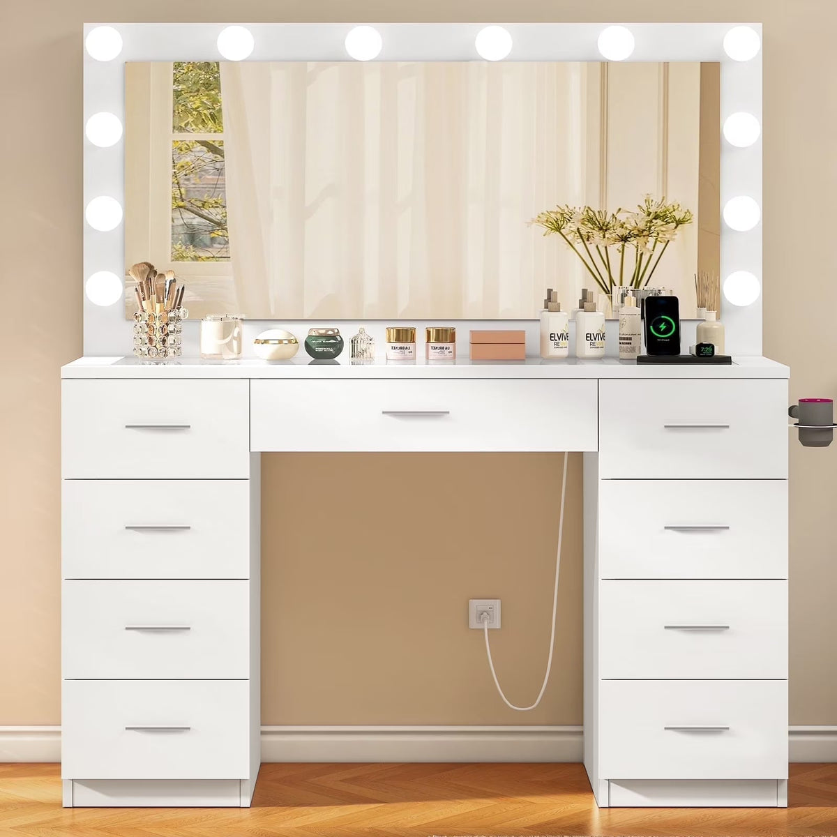 TEENFON Vanity Desk With Large Lighted Mirror, 46 in, 9 Drawers, Glass Desktop, White