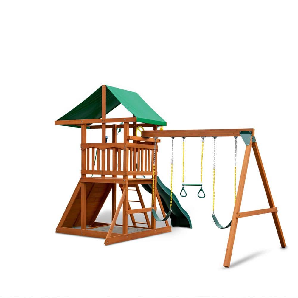 DIY Wooden Outdoor Playset With Tarp Roof, Rock Wall, Wave Slide, 3 Swings - Outing III