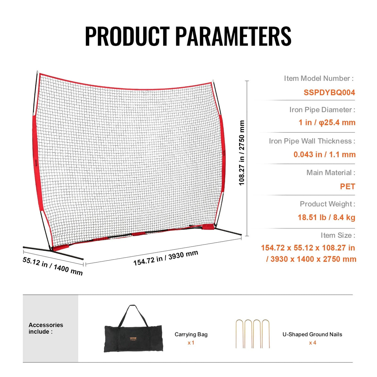 VEVOR Barricade Backstop Net, 12x9 ft Ball Sports Barrier Netting With Carry Bag - SSPDYBQ004