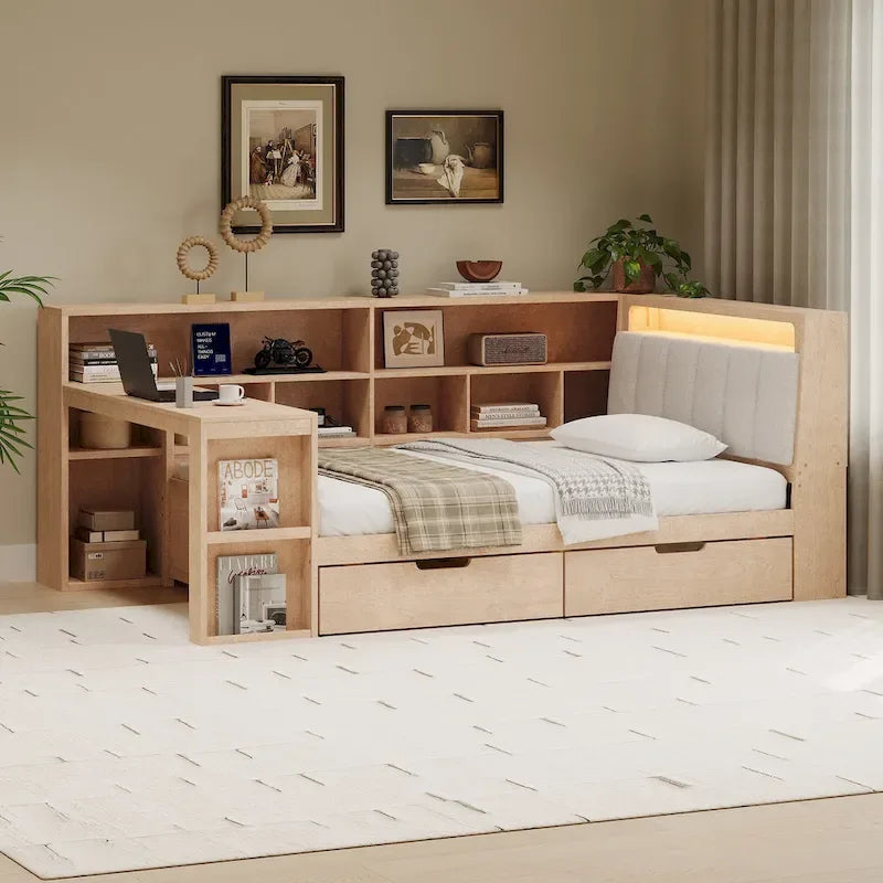 Ivery Furniture L-Shaped Wooden Twin/Full Daybed With Desk, Bookcase, Drawers And RGB Light - Natural/White