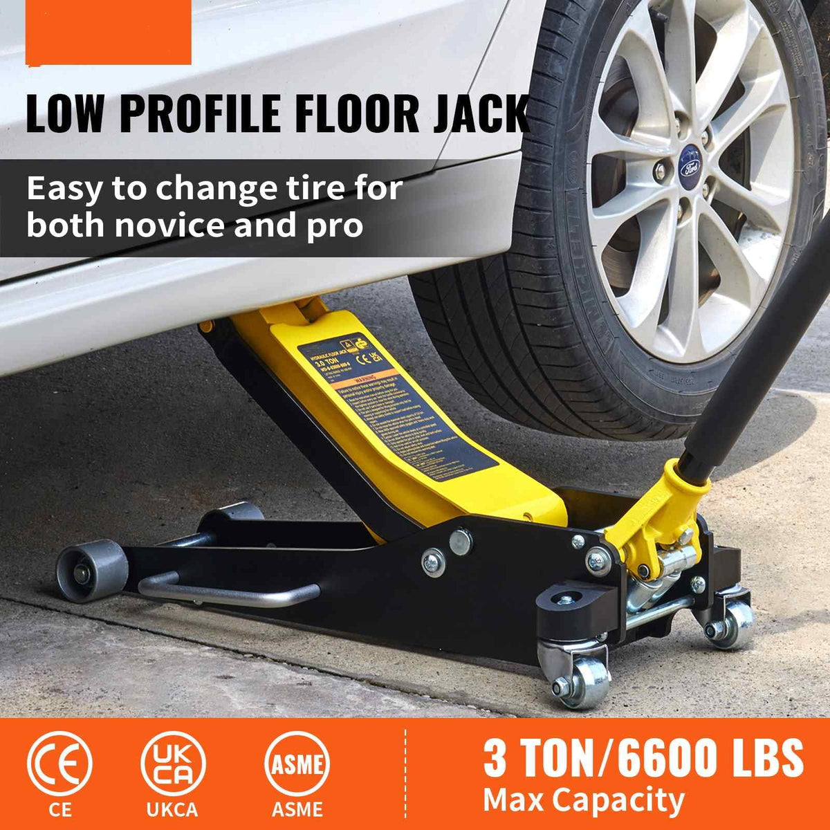 BENTISM Low Profile Floor Jack 3 Ton (6600 lbs), Aluminum And Steel, Yellow And Black - QJD-LTD030A-00
