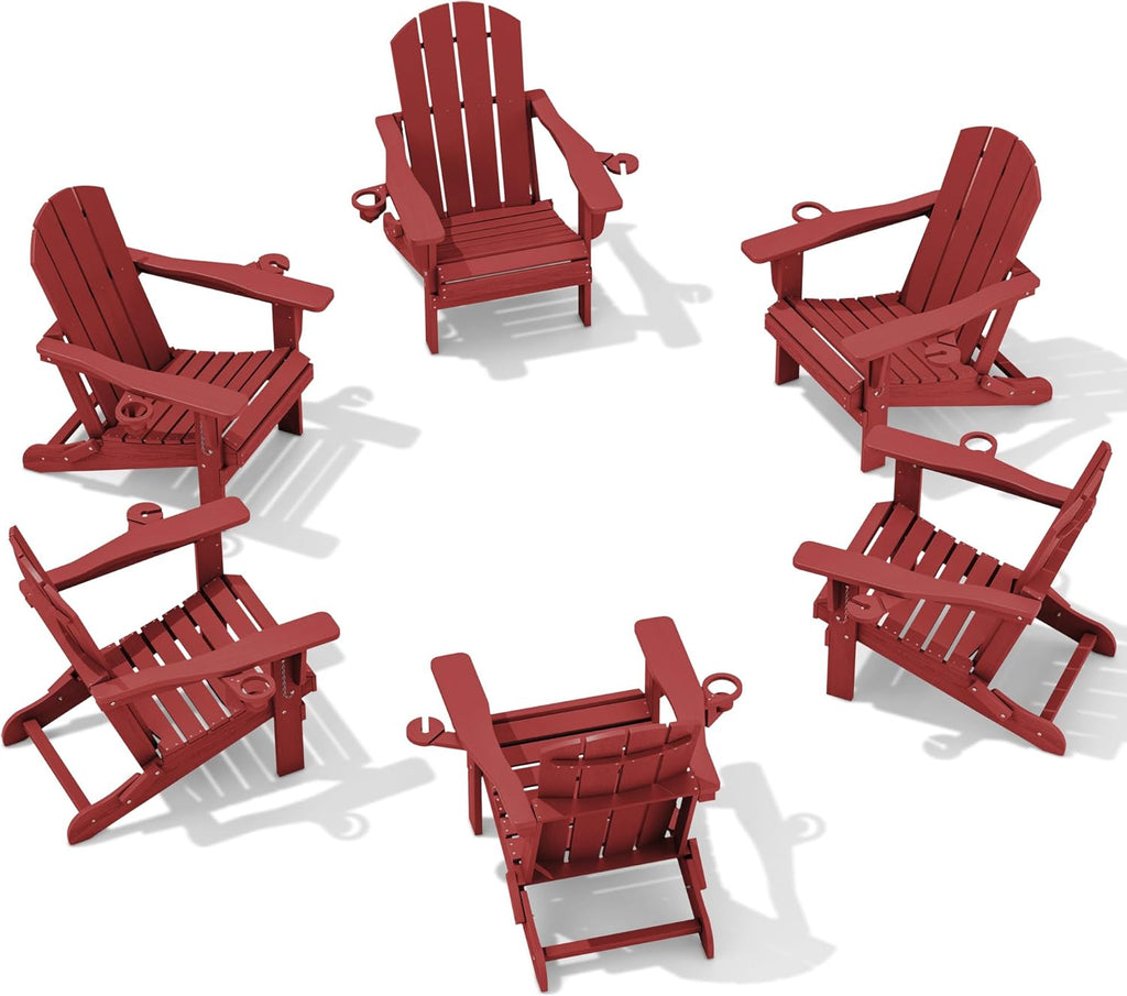 SERWALL Adirondack Chairs With Cup Holders, Set Of 6, HDPE, Dark Red