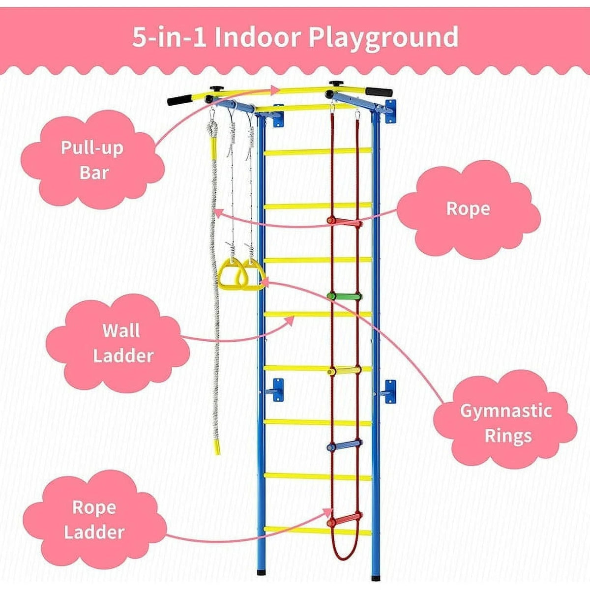 Cuoote Metal Wall Ladder Stall Bars Set With Pull-Up Bar, Climbing Rope And Gymnastic Rings - 5-In-1
