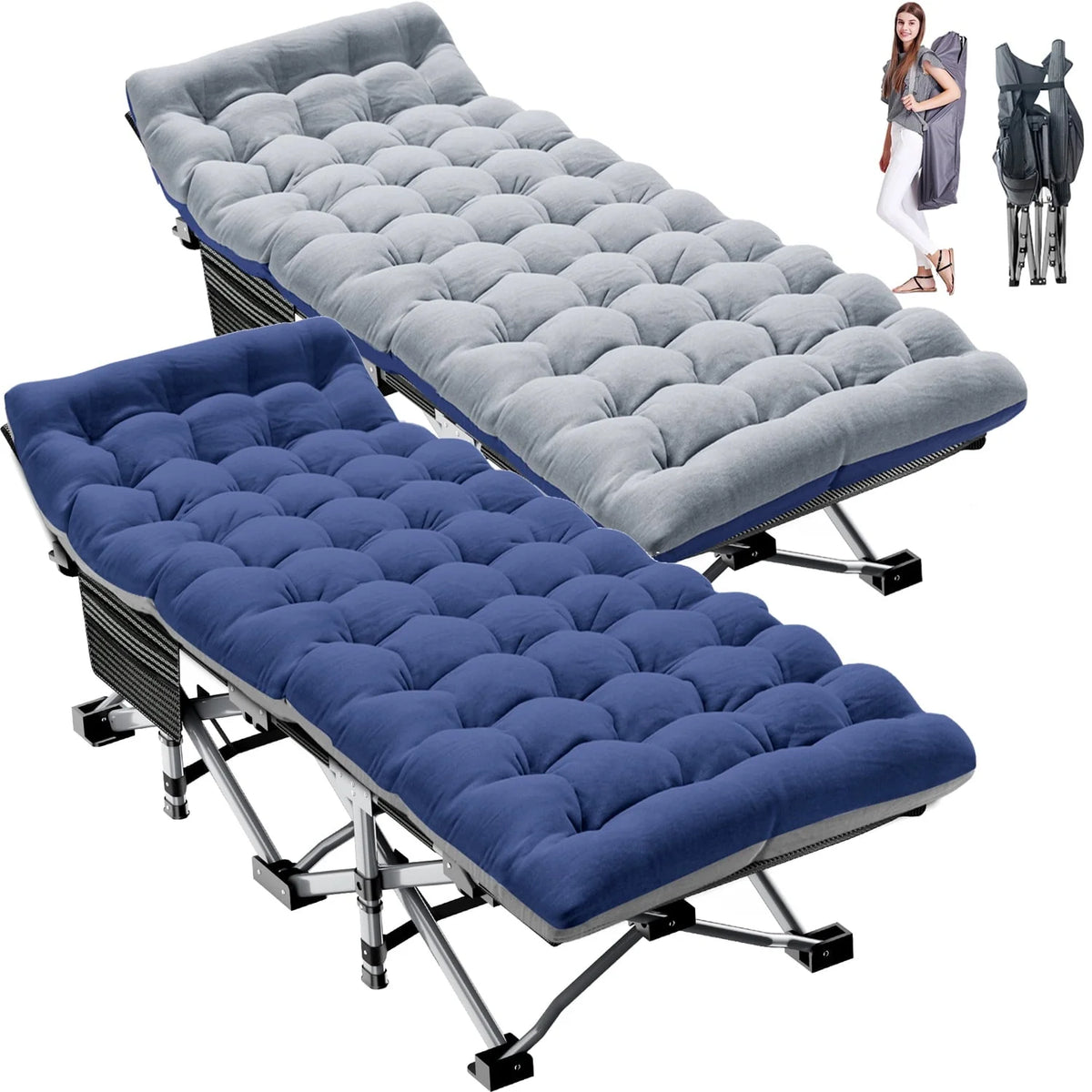 Slsy Folding Camping Cot 2 Pack, 75 x 28 x 14 in, 3.3 Inch 2-Sided Mattress - Carry Bag
