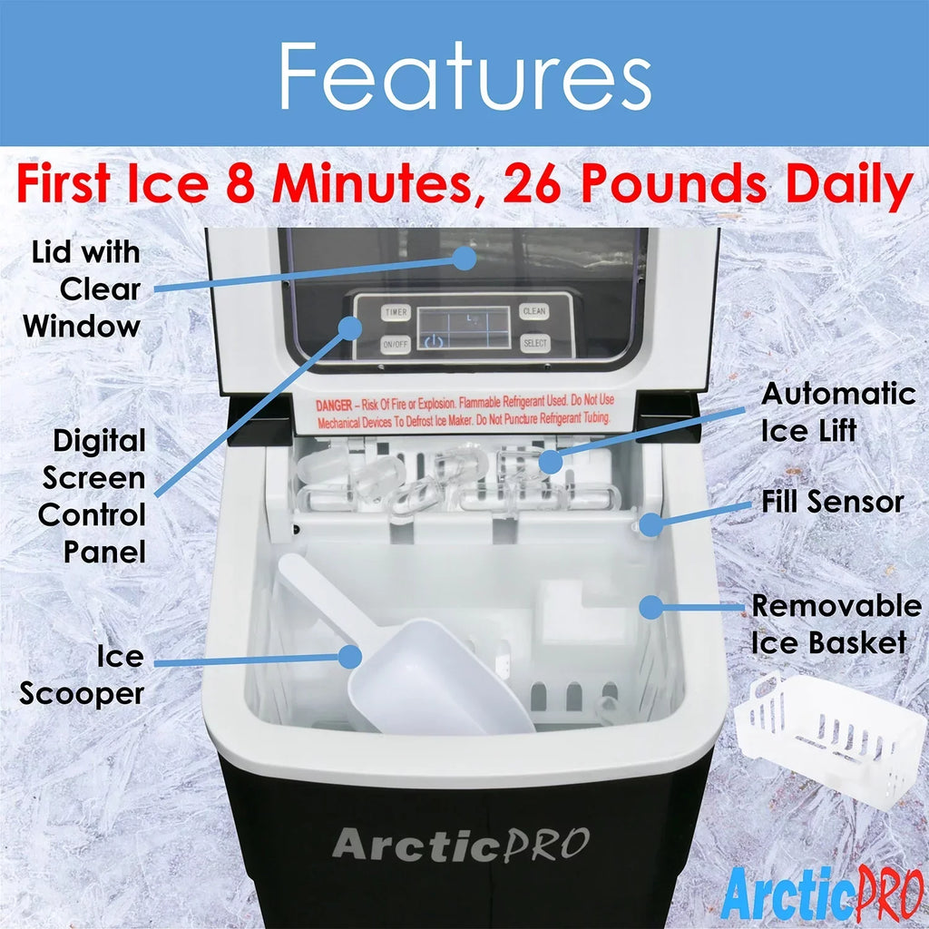 Arctic-Pro Portable Digital Ice Maker Machine, 26 Pounds Daily, Black, 11.5x8.7x12.5 Inches