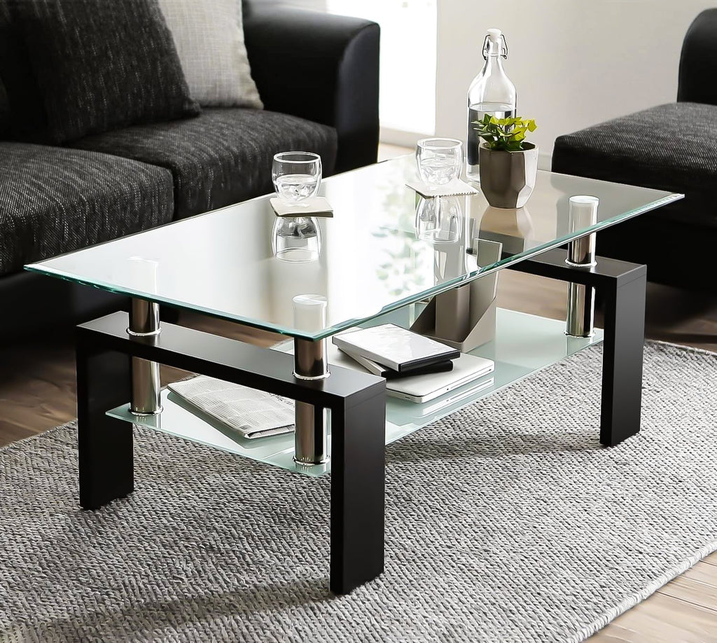 SEGMART Glass Coffee Table With Lower Shelf, 39.4 x 24 x 17.7 in - L5509