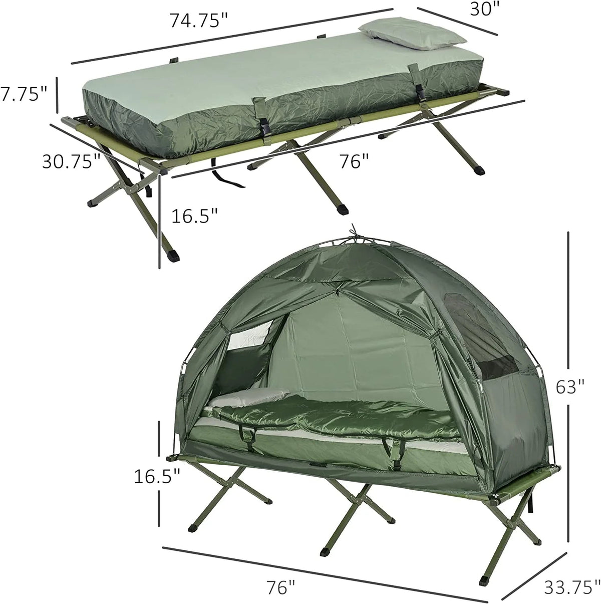 Outsunny Folding Camping Cot Tent Set With Sleeping Bag And Air Mattress, Green, 76in L x 32in W x 41in H - B2-0006