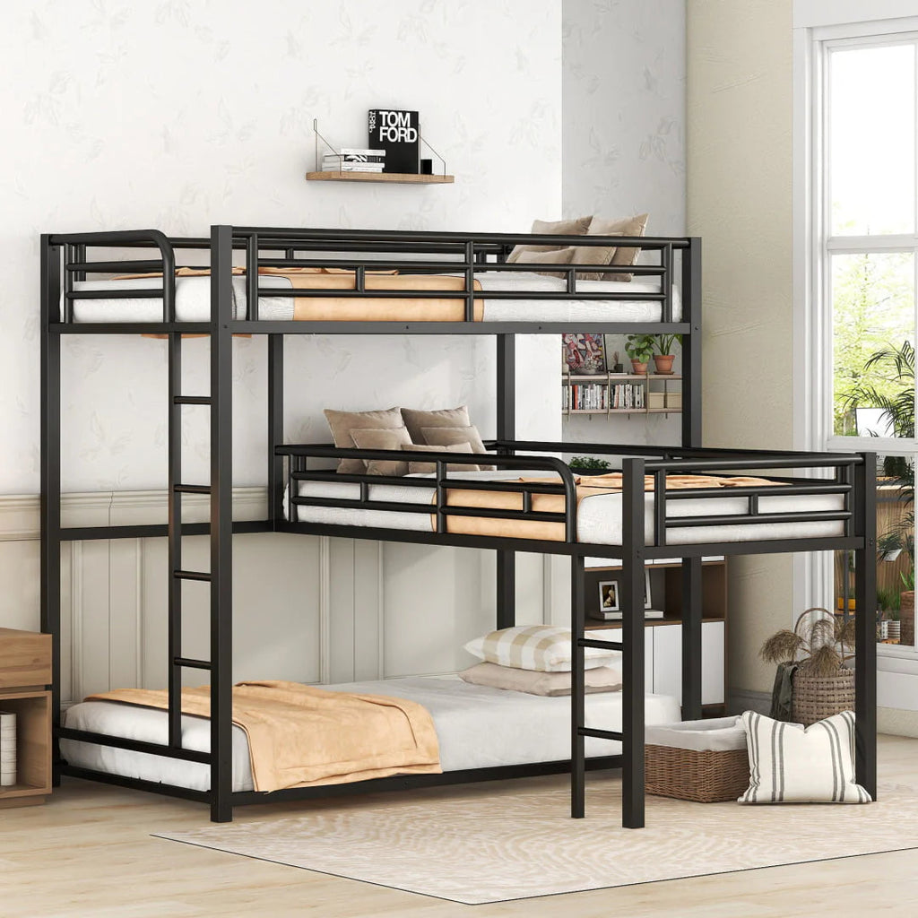 L-Shaped Metal Triple Twin Bunk Bed For 3, Black