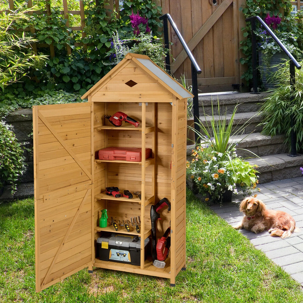 Gymax Outdoor Wooden Garden Tool Storage Shed With 5 Shelves, 28'' x 18'' x 63'' - Natural