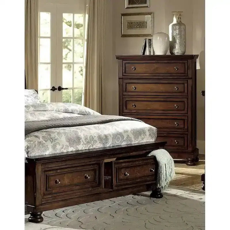 Classic 5-Piece Master Bedroom Set With Brown Cherry Platform Storage Bed