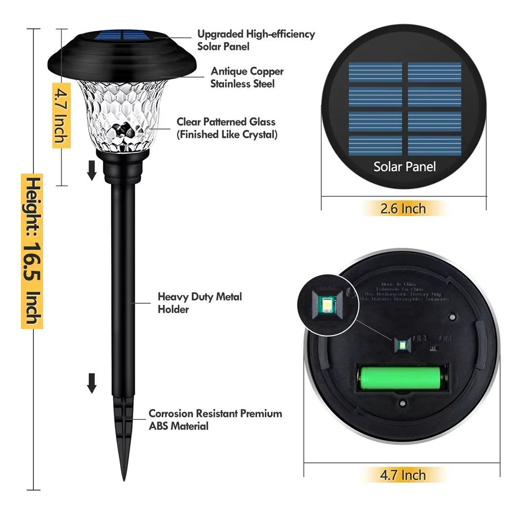 Solar Garden Landscape Lights, 8 Pack - Waterproof Glass Stainless Steel Auto-On/Off