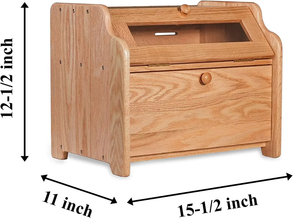 Solid Wood Oak Bread Box, Double Layer, Large Capacity, Clear Window - Nature
