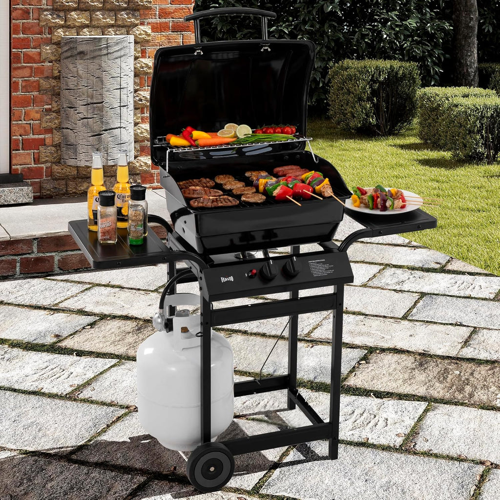 2 Burner Propane Gas Grill, 26,500 BTU, Porcelain-Enamel Body And Lid, 416 Sq. In. - With Warming Rack And Side Tables