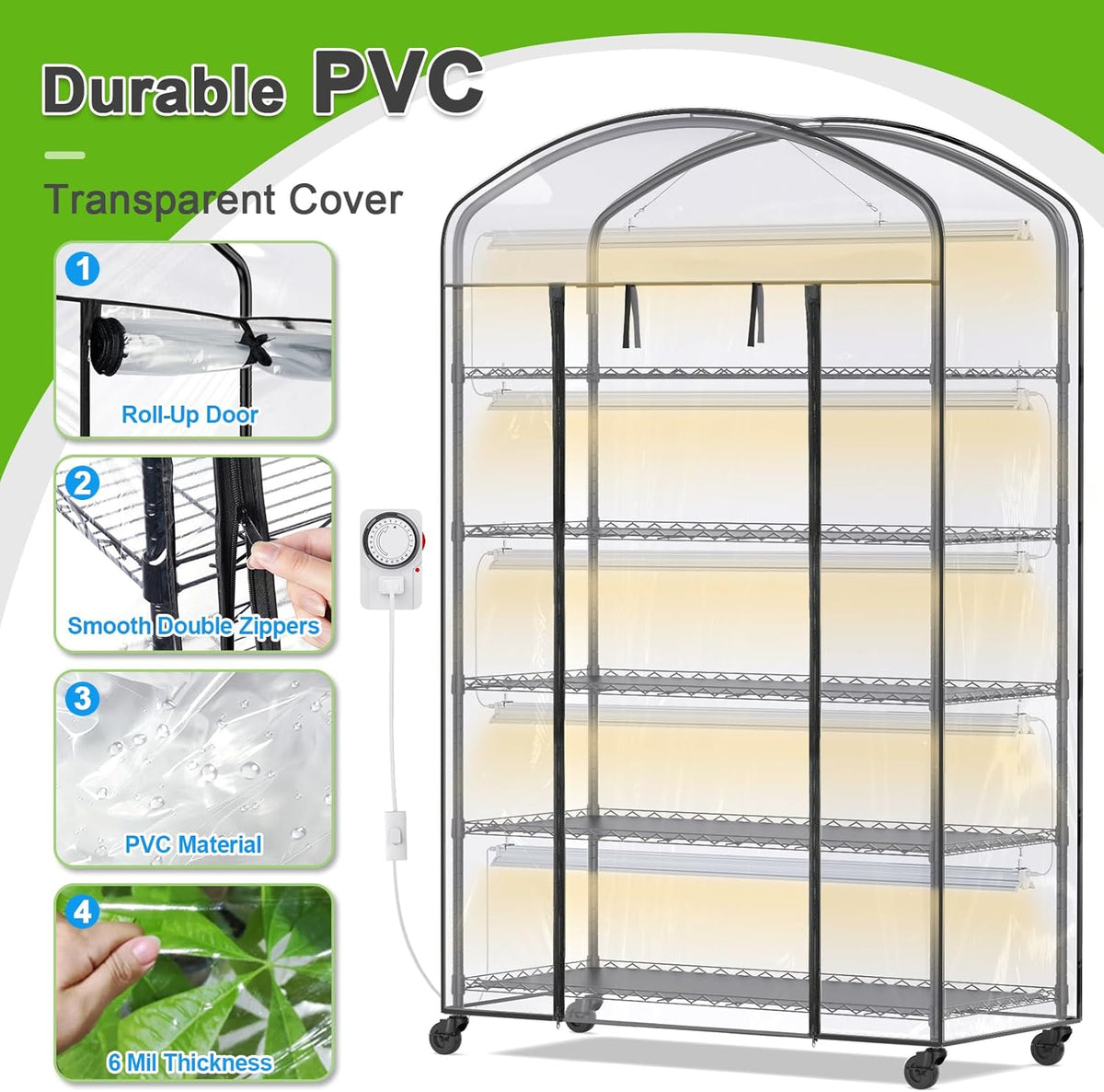 Abimars 5-Tier Greenhouse With PVC Cover, Wheels And 5-Pack 2900K Full Spectrum Plant Lights, 21x49x80inch