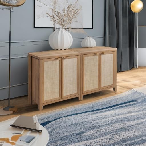 SICOTAS Sideboard Buffet Cabinet, 13.9in D x 68.6in W x 35.4in H, Oak, 2 Pcs