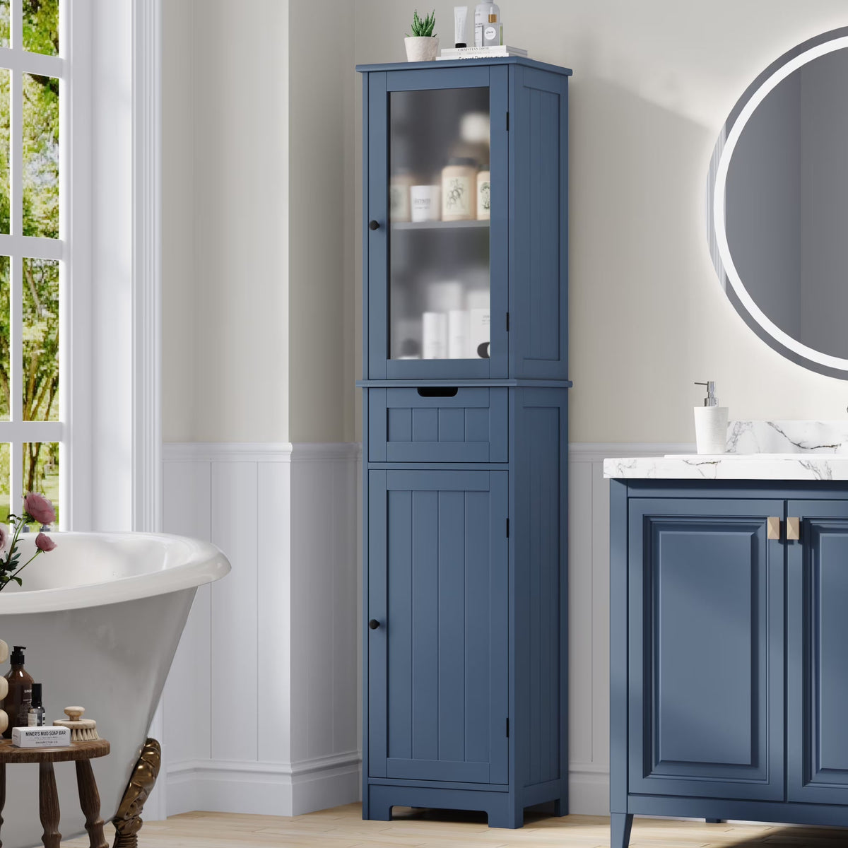 Homfa Tall Narrow Bathroom Storage Cabinet With Door And Drawer, 15.7in L x 11.8in W x 67in H, White