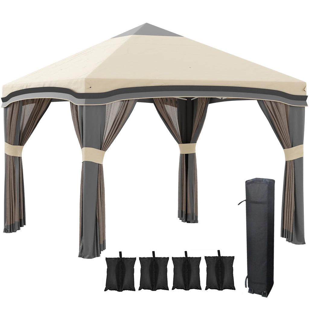 Outsunny Pop-Up Canopy With Mesh Netting, Wheeled Carry Bag And 4 Sand Bags, Beige, 10' x 10' - 84C-405V01BG