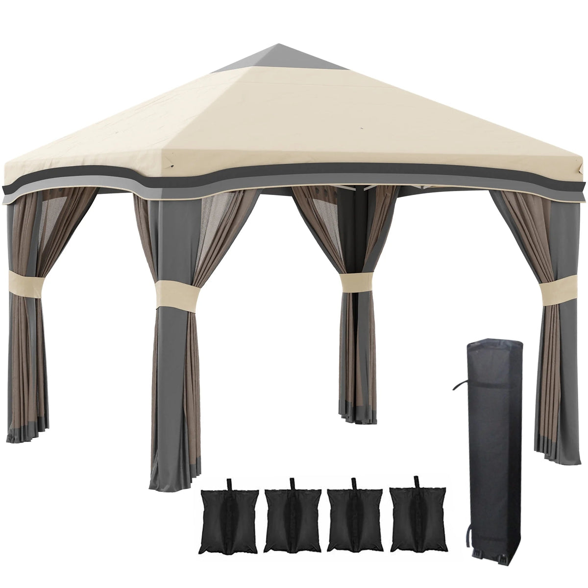 Outsunny Pop-Up Canopy With Mesh Netting, Wheeled Carry Bag And 4 Sand Bags, Beige, 10' x 10' - 84C-405V01BG
