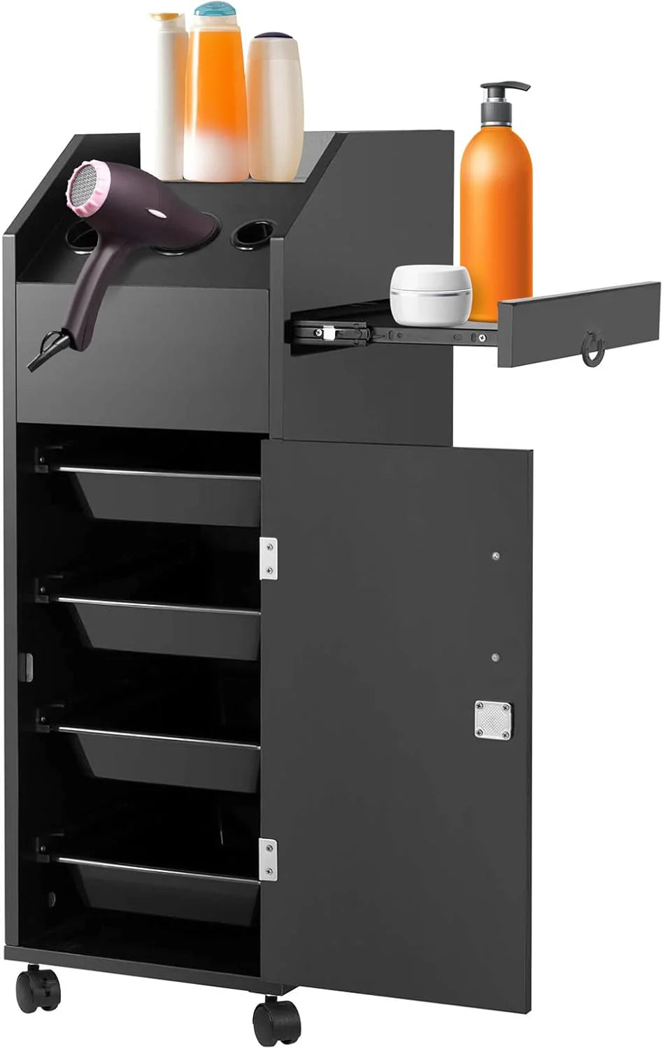 Salon Rolling Storage Cart With 4 Drawers, 3 Hair Dryer Holders And Side Tray - Black