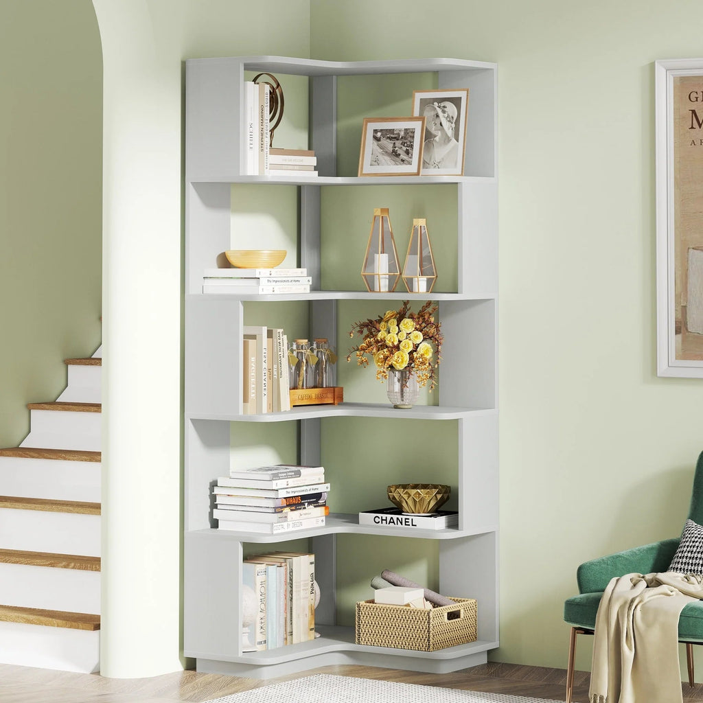 6-Tier Corner Bookshelf, 64.9 Inch Tall, Freestanding Wood Industrial Bookcase