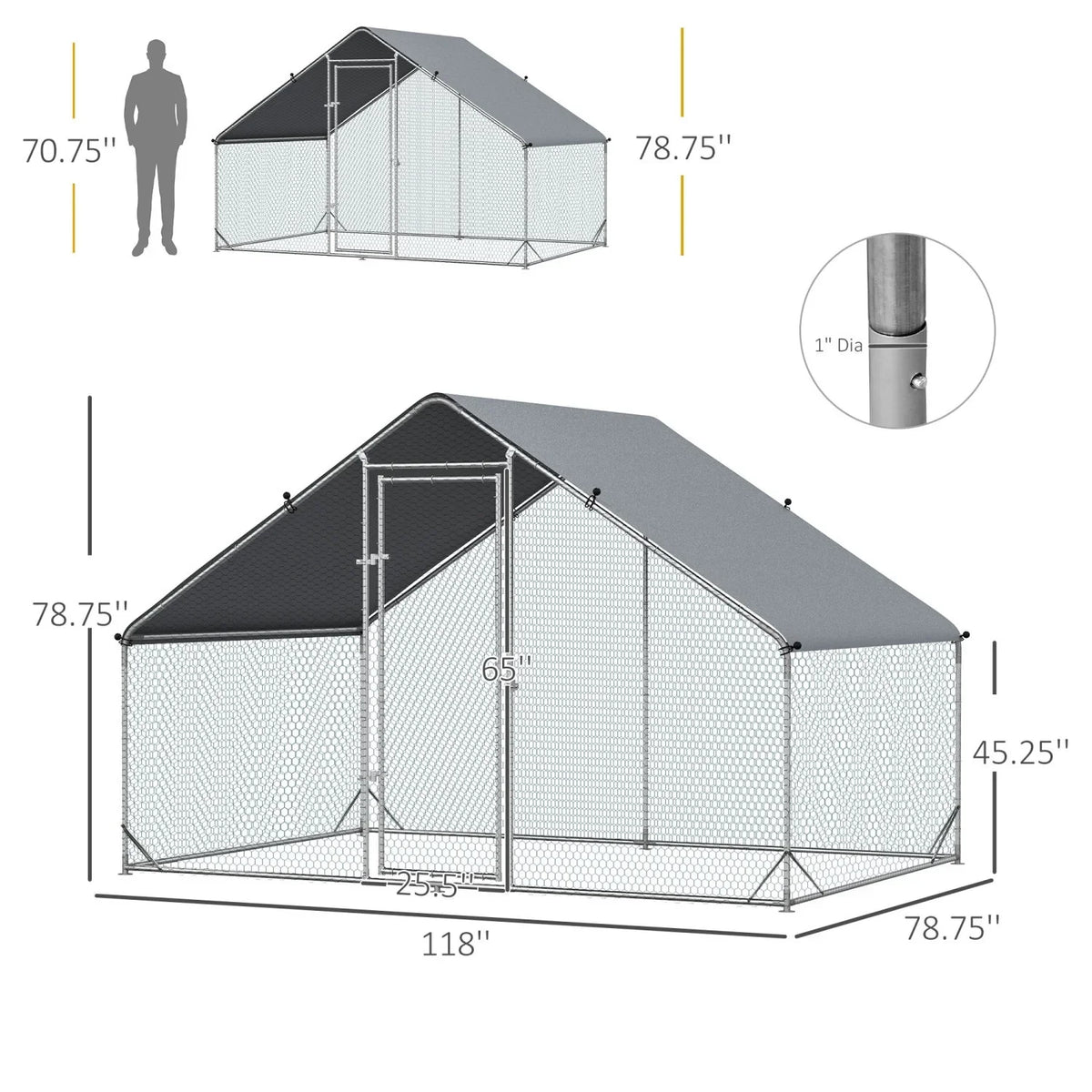 GFVCNIO Metal Coop Run With Cover, 10 x 6.5 x 6.5, Silver
