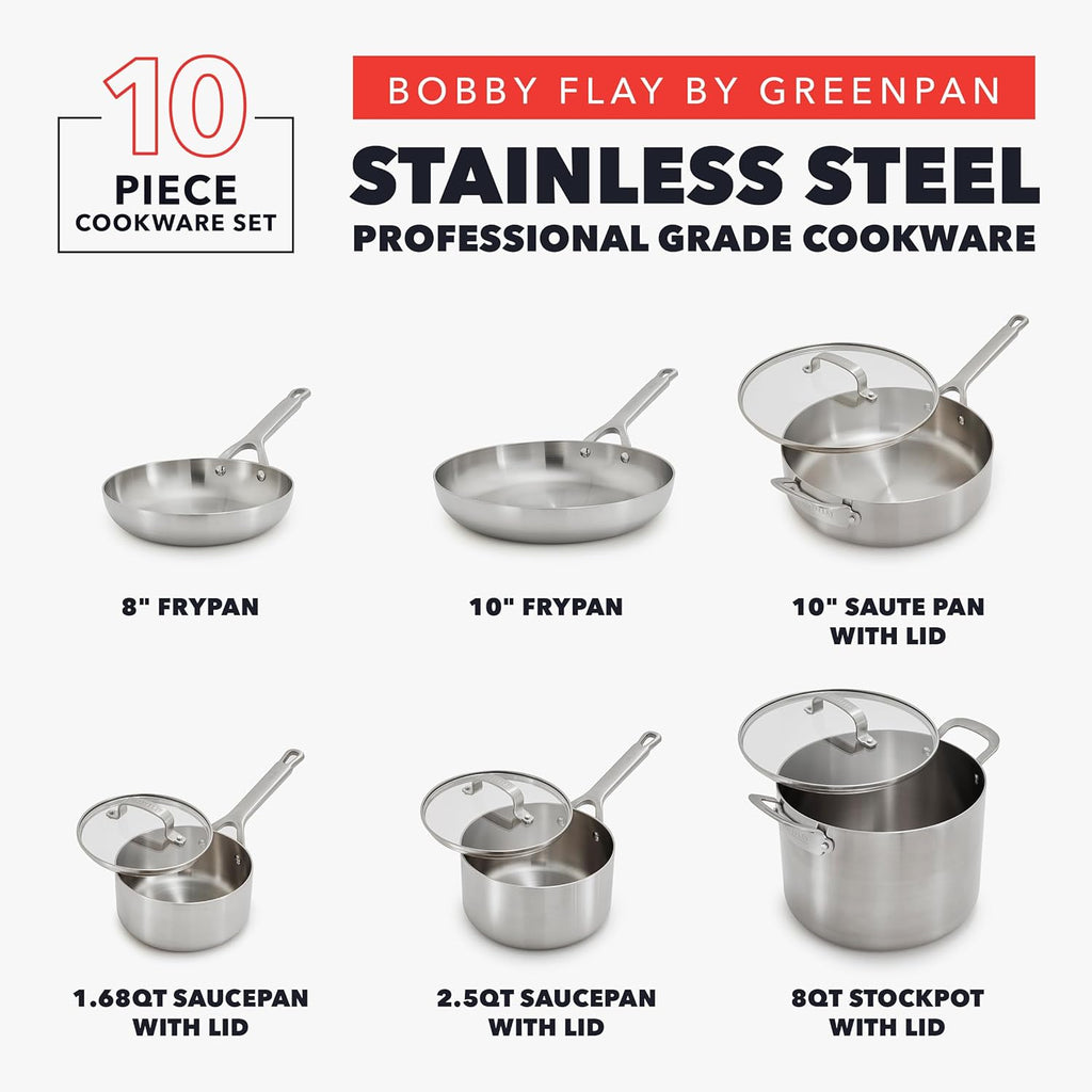 GreenPan x Bobby Flay 10 Piece Stainless Steel Tri-Ply Cookware Set - 8QT Stockpot