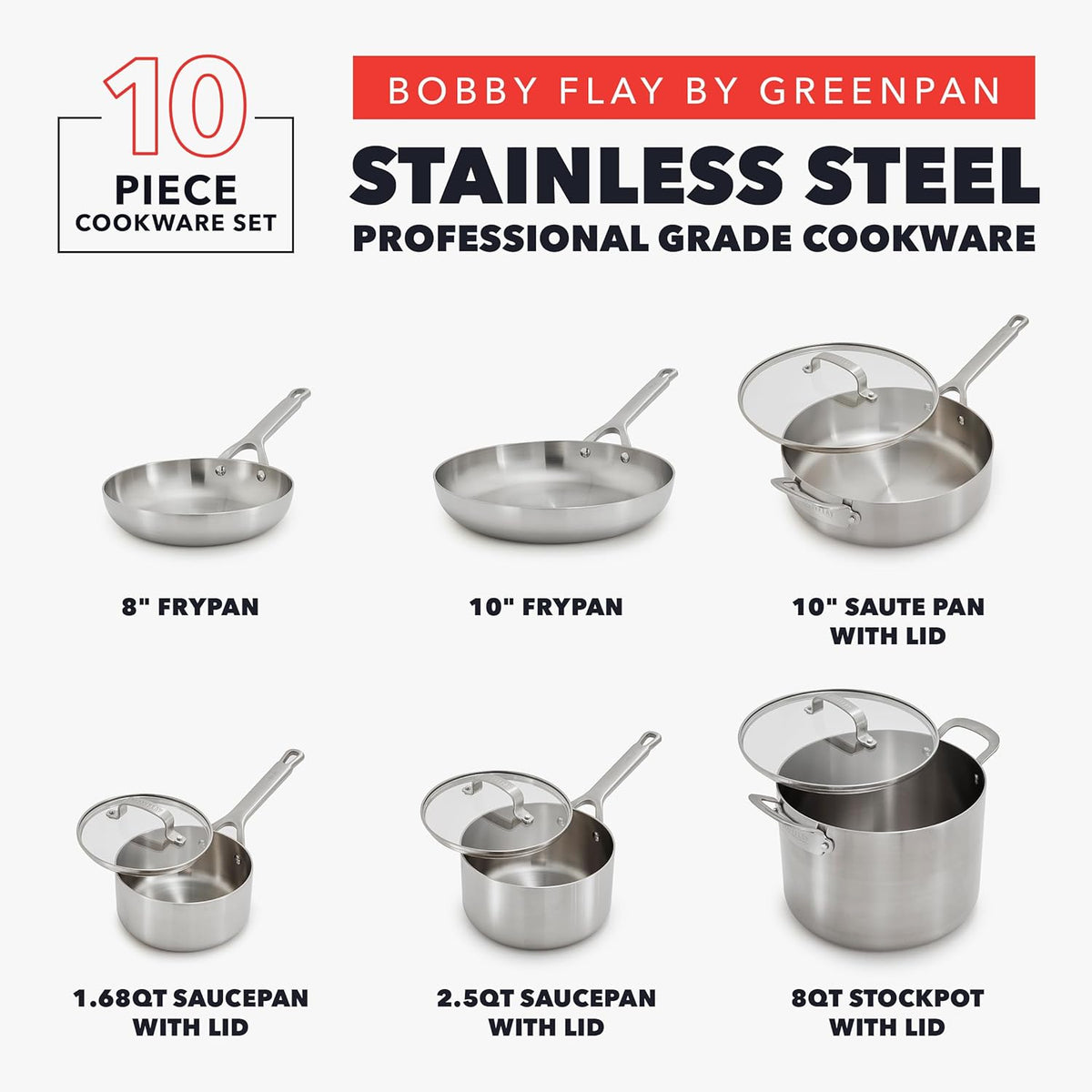 GreenPan x Bobby Flay 10 Piece Stainless Steel Tri-Ply Cookware Set - 8QT Stockpot