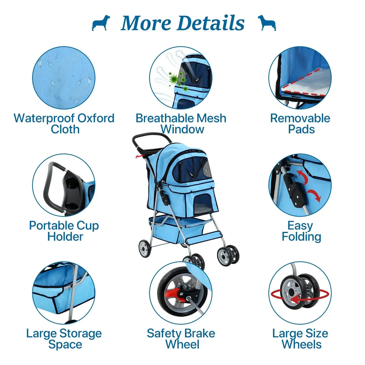 Dkelincs Folding Pet Stroller With Cup Holder And Storage Basket, Blue - 35 lbs