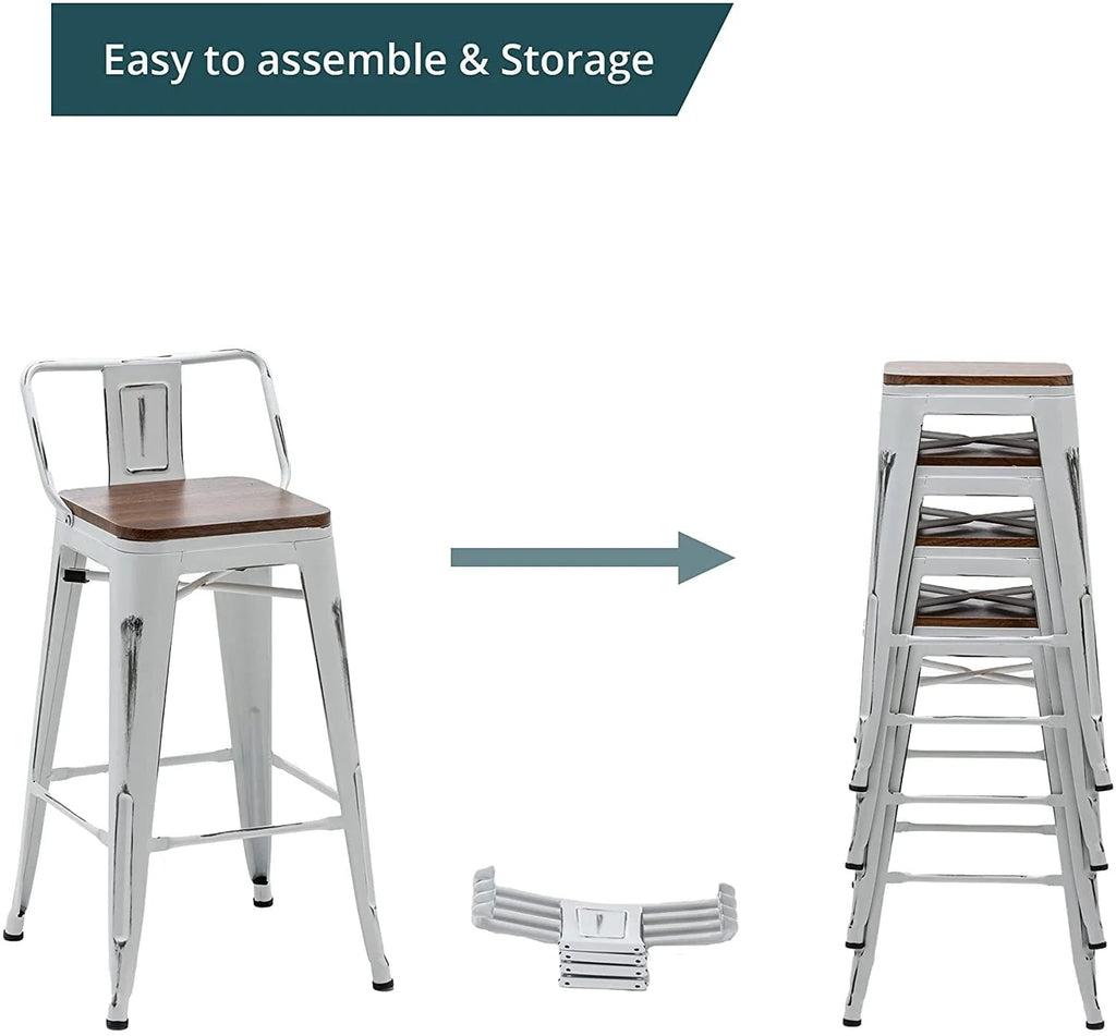 Andeworld Counter Height Industrial Metal Bar Stools With Wooden Seats, Set Of 4, 24 Inch, Distressed White