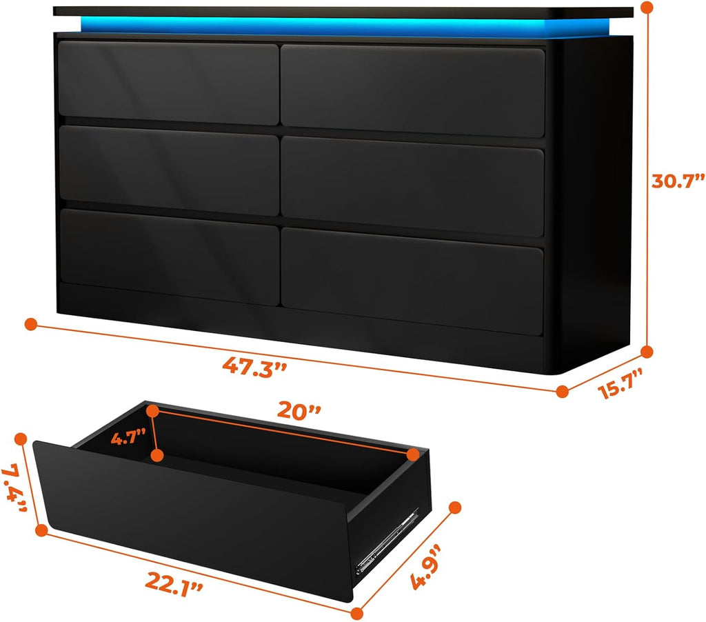 6-Drawer Black Wooden Dresser With Charging Station And LED Lights - 47.2 in