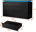 6-Drawer Black Wooden Dresser With Charging Station And LED Lights - 47.2 in