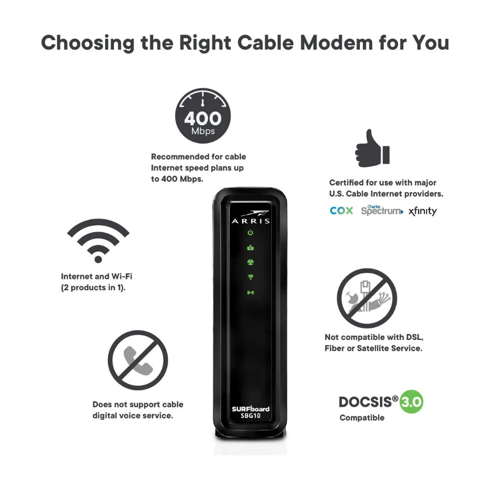 Arris SURFboard DOCSIS 3.0 Cable Modem And AC1600 Dual-Band Wi-Fi Router - SBG10