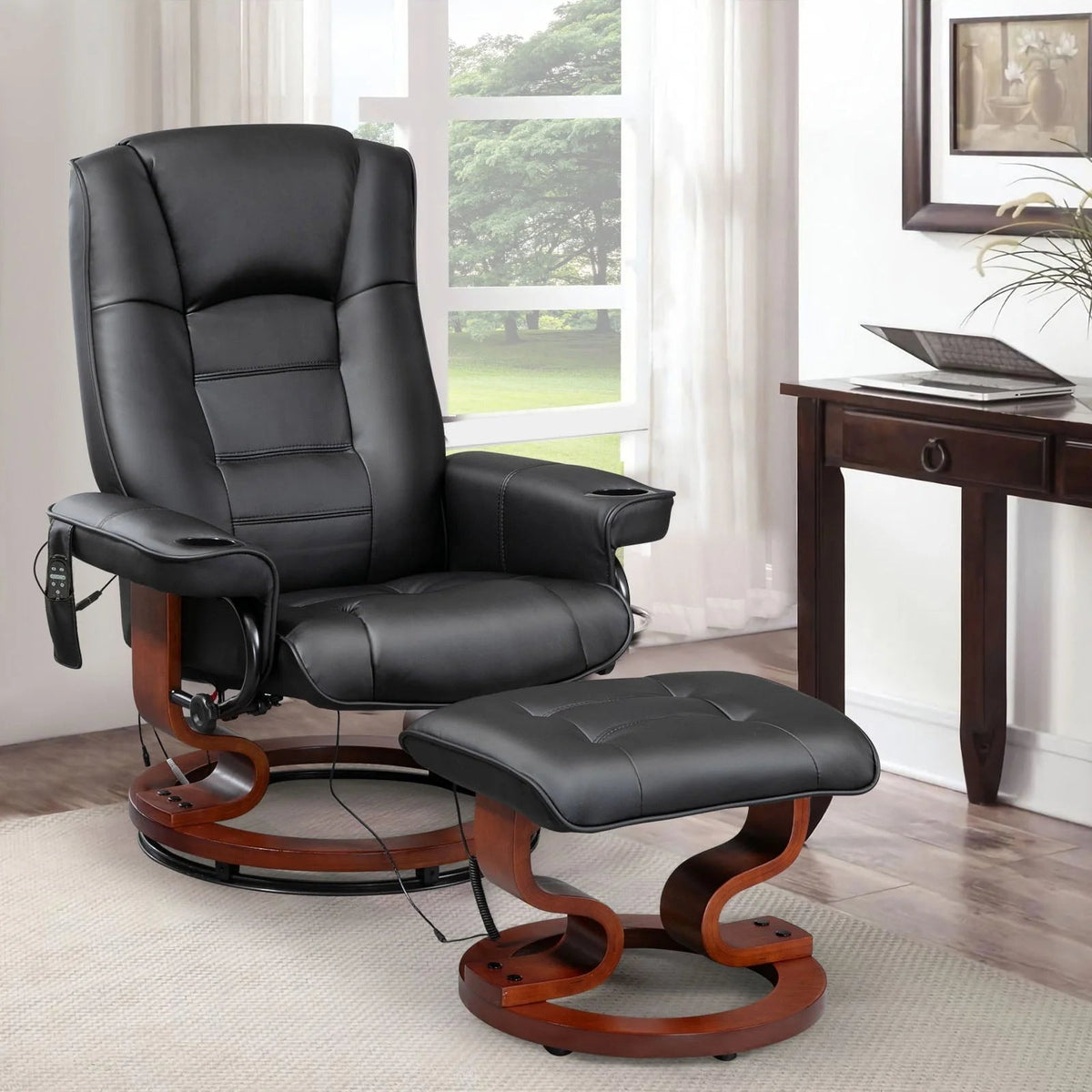 AVAWING Faux Leather Swivel Massage Recliner Chair With Ottoman - Black