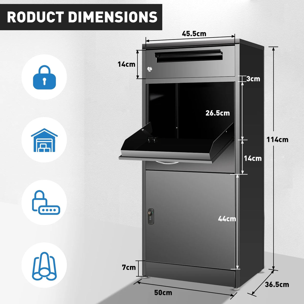 Gaonala Steel Package Delivery Box 19.6x14.4x44.9in Lockable Weather-Resistant Black