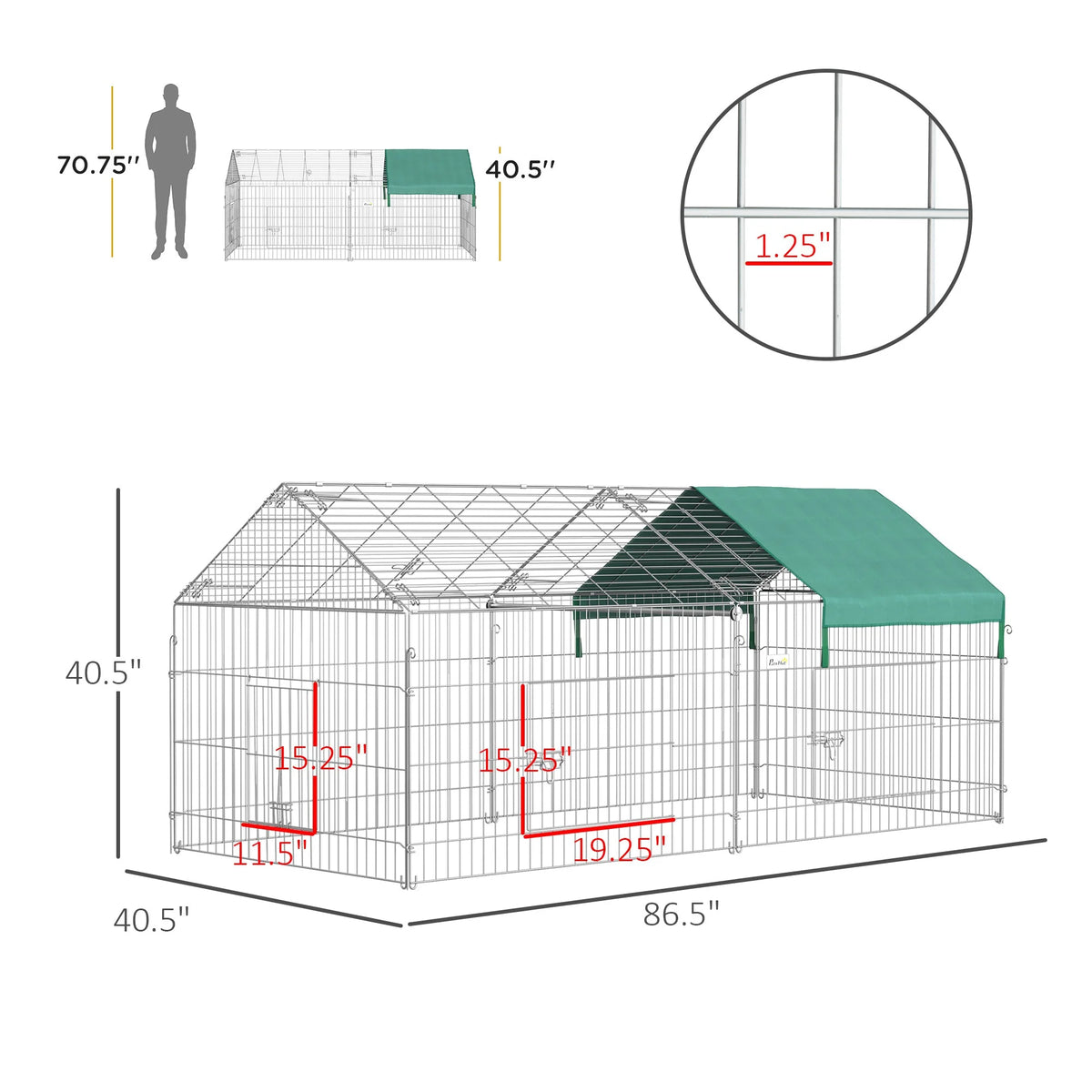 PawHut Small Animal Playpen Yard Fence With Roof, Green - 87in