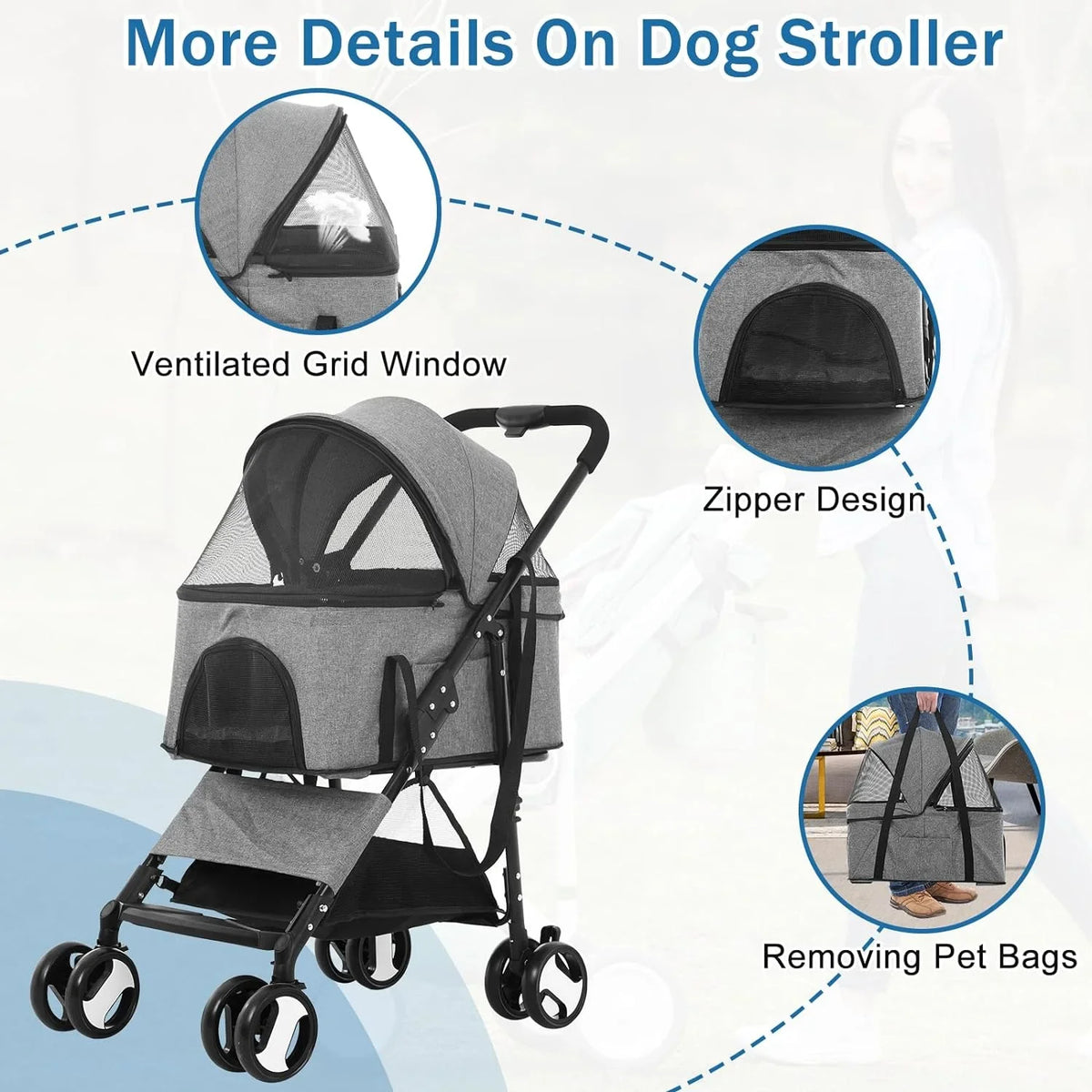 Dkeli 3-in-1 Folding Pet Stroller With Detachable Carrier And Car Seat, 44 Lbs