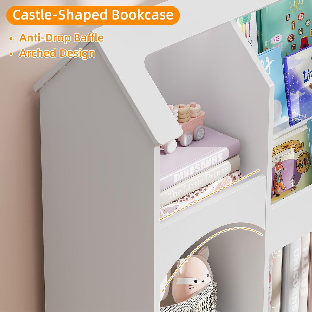 Halitaa Kids Castle Bookshelf With Toy Storage, 3 Drawers, LED Lights, White, 49.2in W x 13.1in D x 40.2in H