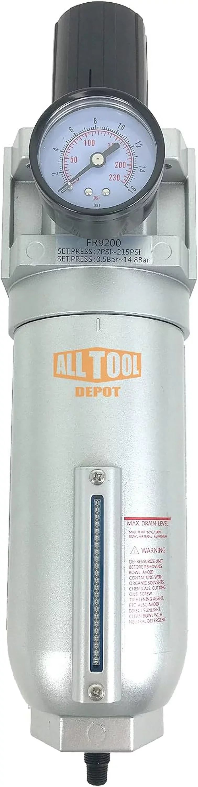 NPT Compressed Air In-Line Filter Regulator Combo, Metal Bowl, 5 Micron, 7 To 175 PSI - Auto Drain