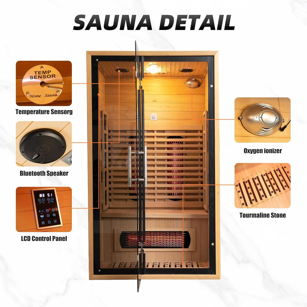 2-Person Red Light Far Infrared Indoor Sauna, 1750W/110V, Canadian Hemlock, 41.33in x 47.24in x 74.80in