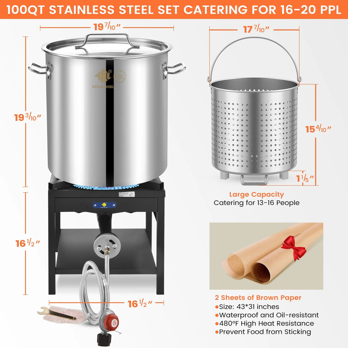 100QT Stainless Steel Seafood Boiling Kit With 82QT Basket And 200,000BTU Propane Stove