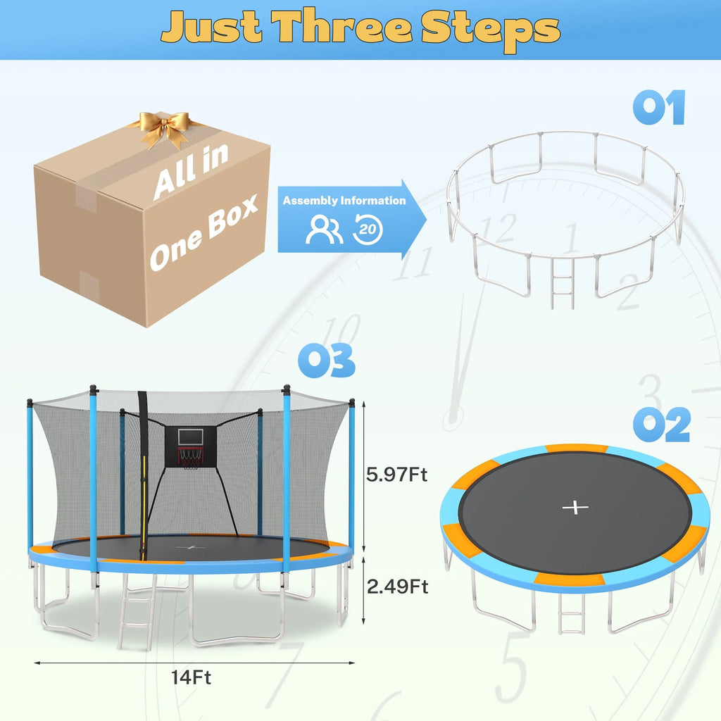 SHINPT 14ft Outdoor Trampoline With Safety Net, Basketball Hoop And Ladder