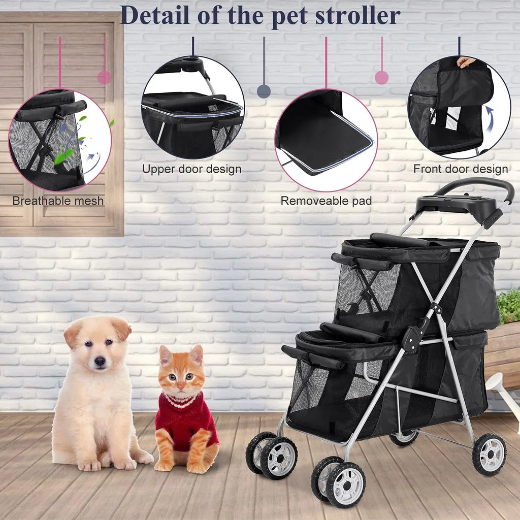 4-Wheel Foldable Pet Stroller With 2 Cages